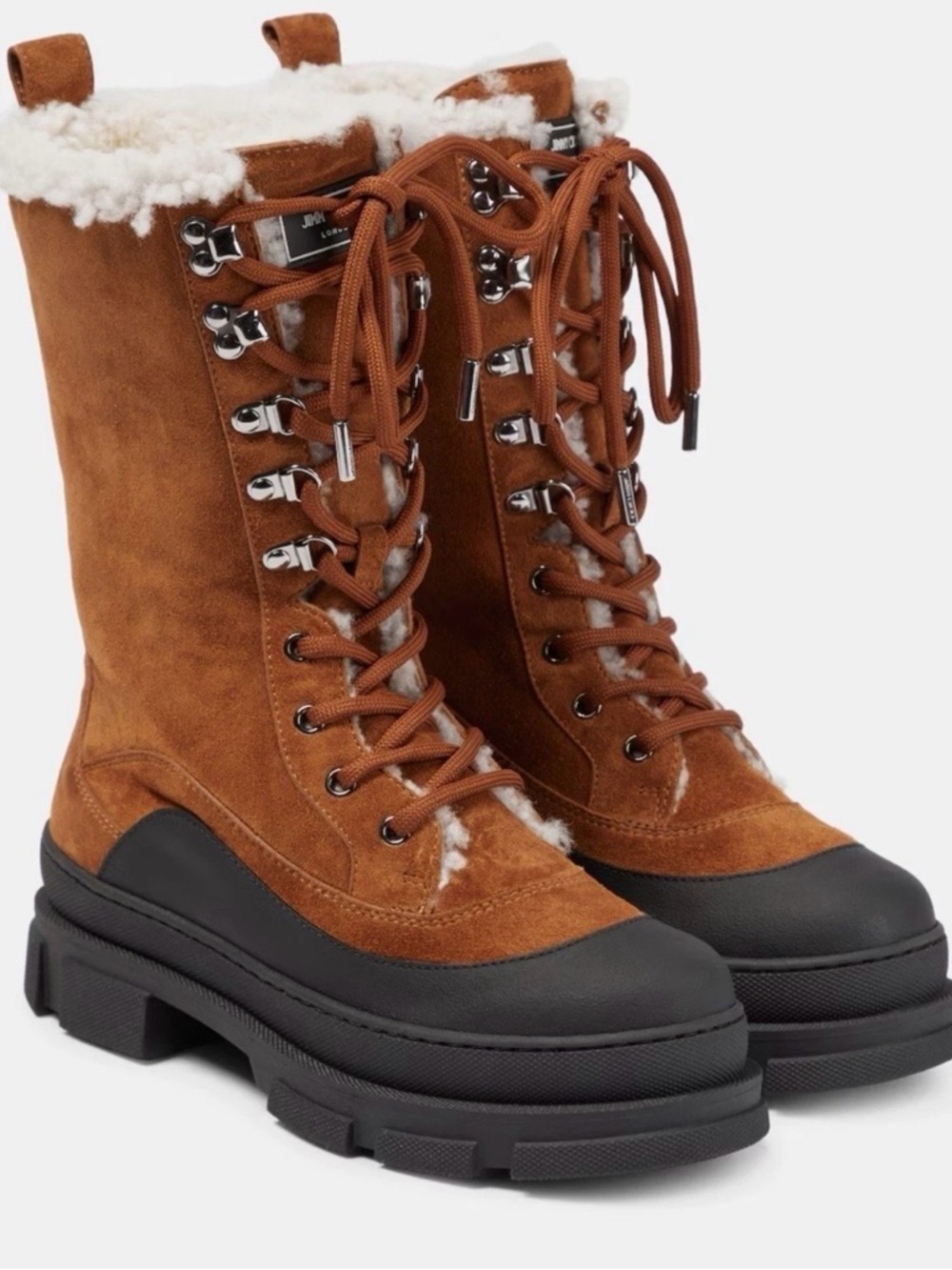 Jimmy Choo Aldea Lace-Up Shearling Lined Suede Camel Brown Mid Calf Boots